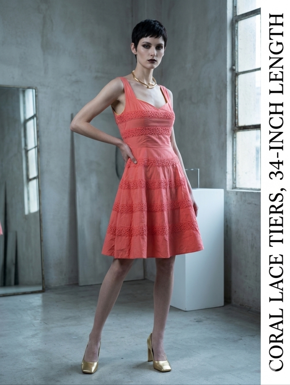 Beautiful Coral Lace-Trim Fit & Flare Dress - Picture 5 of 5
